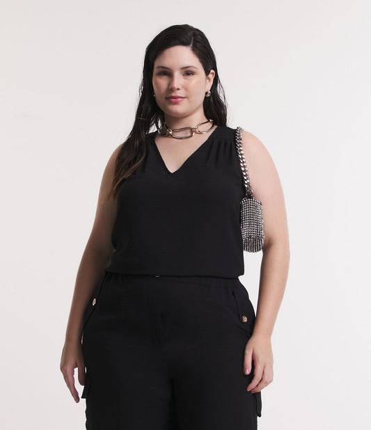 Camicetta senza maniche con scollo a V, Curve & Plus Size, Nero