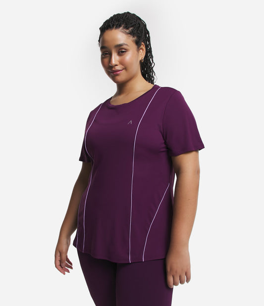 Maglietta sportiva Curve Plus Size viola in poliammide con bordi a contrasto