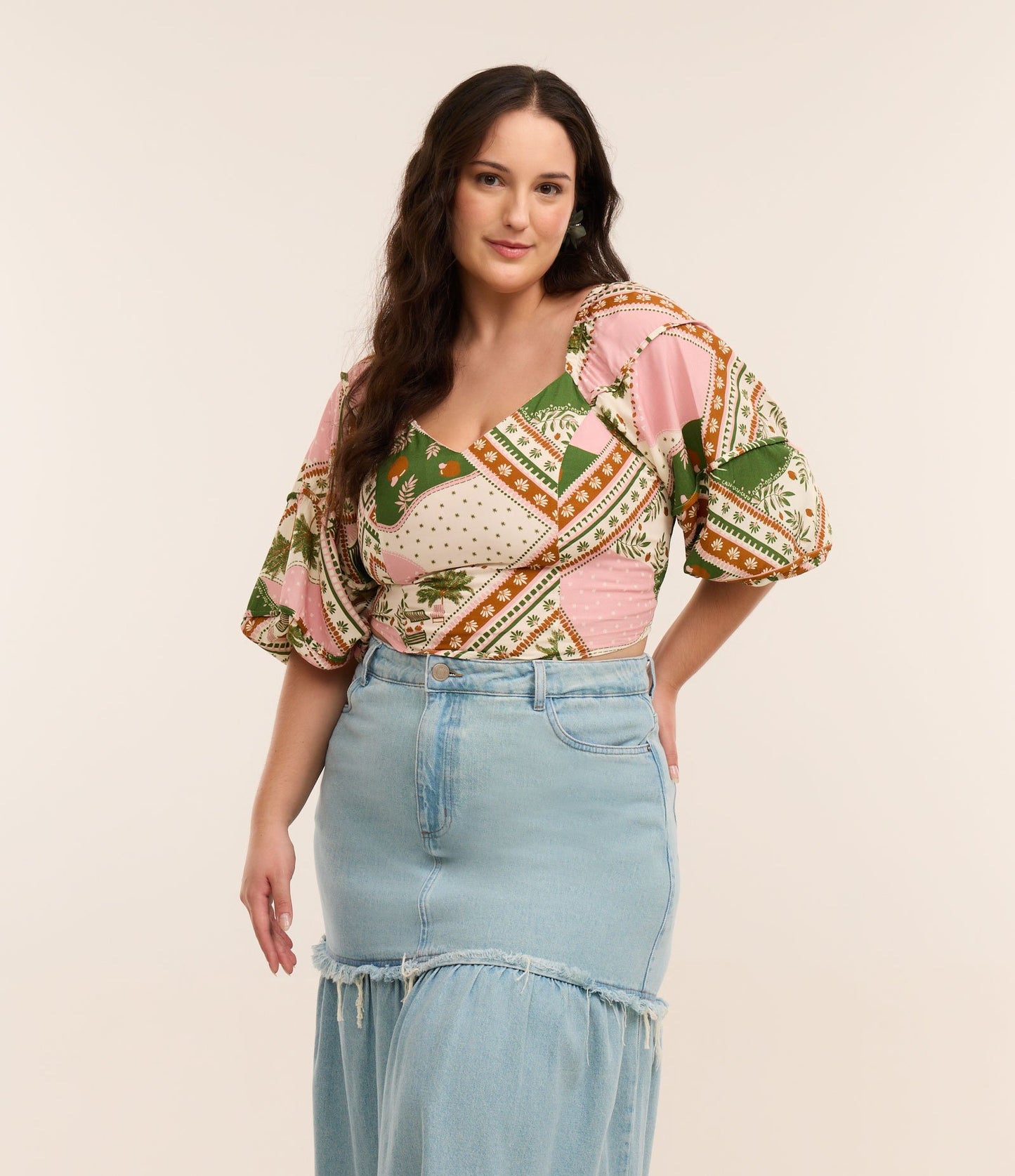 Blusa con estampado de pañuelo y mangas 3/4, Curvas y tallas grandes, Multicolor