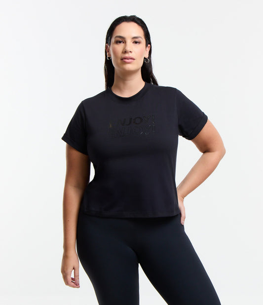 Maglietta sportiva in cotone con stampa "Enjoy" - Curve e taglie forti - Nero