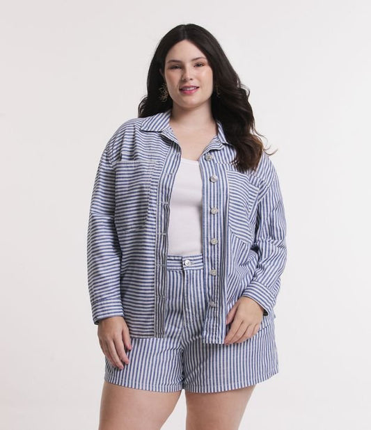 Giacca di jeans leggera con stampa a righe Curve e taglie forti Blu