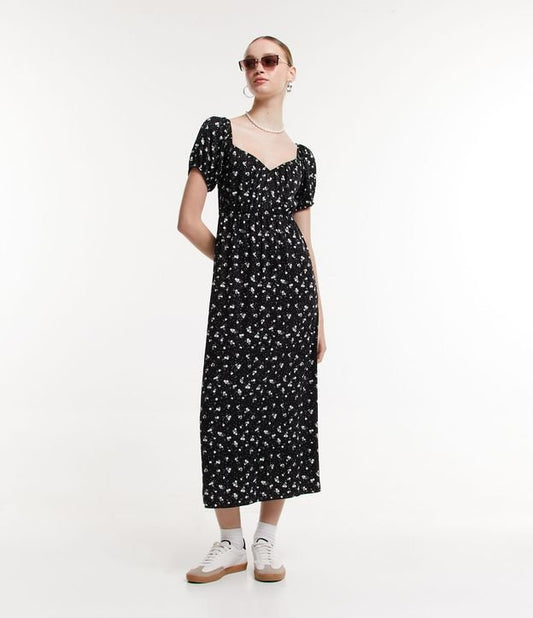 Nuovo abito midi Liberty nero in viscosa con maniche a sbuffo