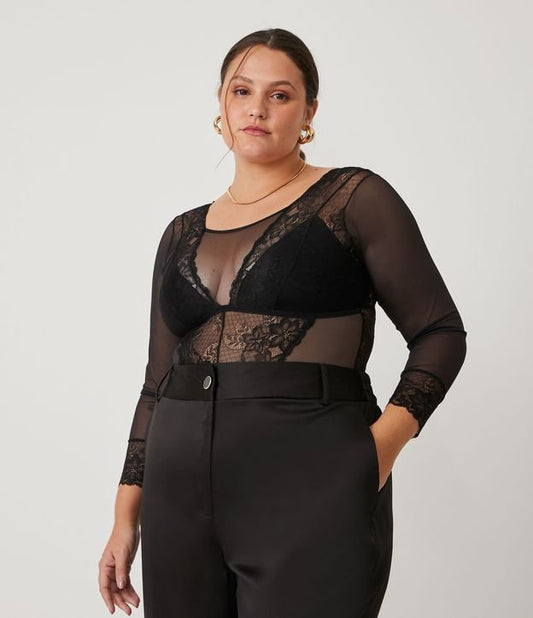 Body negro de tul con detalle de encaje - Tallas grandes y curvas