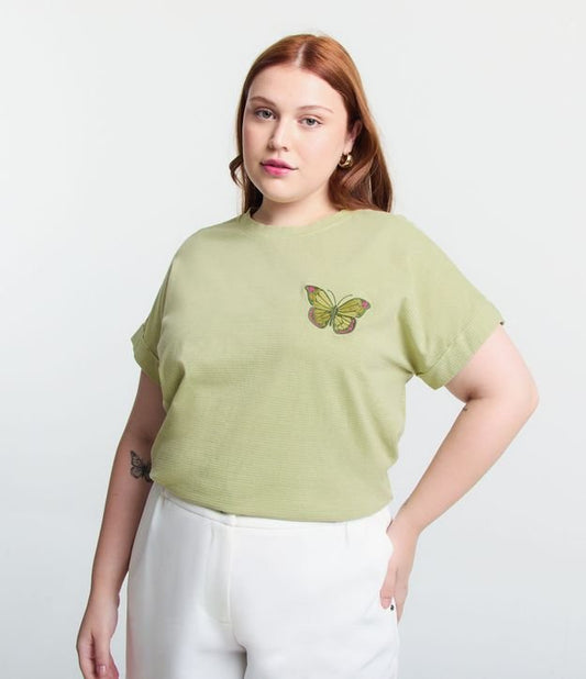 Blusa de algodão com tecido tingido com fios e bordado de borboletas - Curve & Plus Size Green