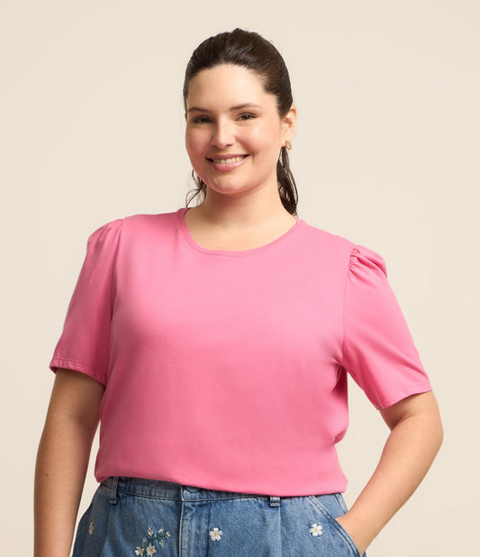 Blusa de algodão com mangas curtas e bufantes, Curve & Plus Size, rosa