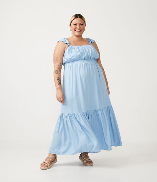 Vestito lungo in viscosa con spalline arricciate, Curve e taglie forti, blu