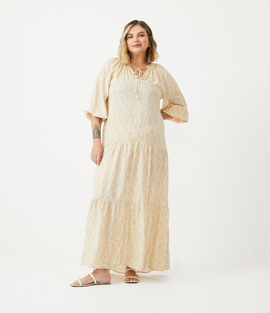 Vestito lungo beige in viscosa con maniche a 3/4 - Curve e taglie forti