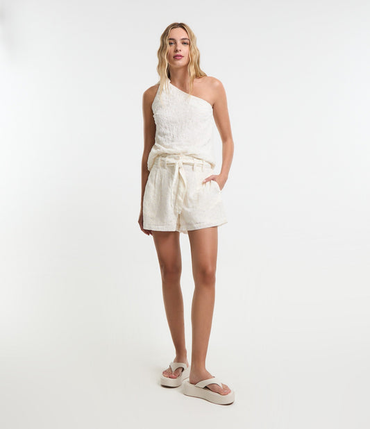 Shorts de crepe com cintura marcada e detalhes em lantejoulas bege claro