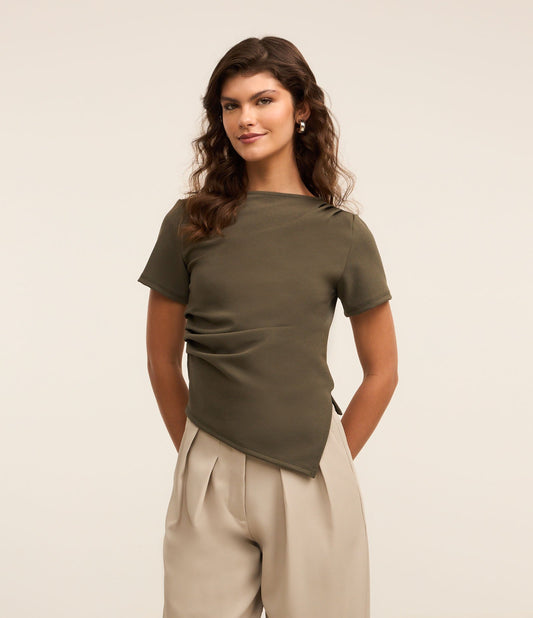 Crepe Blouse with Shoulder Drapes and Asymmetric Hem in Green