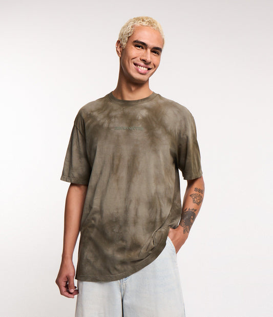 Camiseta relaxada de algodão com lavagem Stone e letras "Disconnected" em verde