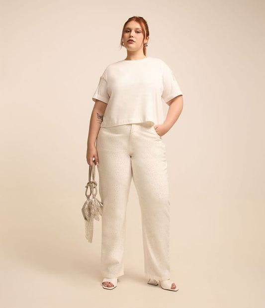 Pantaloni a gamba dritta in twill con brillantini - Curve e taglie forti, bianco