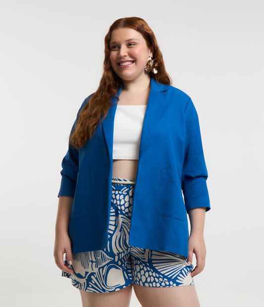 Blazer in lino blu con doppia fodera a righe e tasche applicate - Curve e taglie forti