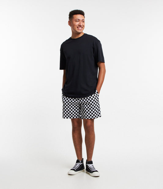 Bermuda in twill a scacchi con coulisse in vita nera/bianca