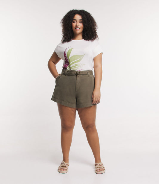 Pantalones cortos de sarga con cinturón verde militar - Curvas y tallas grandes