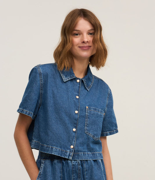 Camicia corta in denim con tasca blu