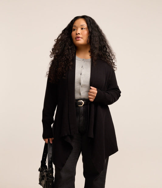 Cardigã tricotado com decote longo e bainha pontiaguda, Curve & Plus Size, preto