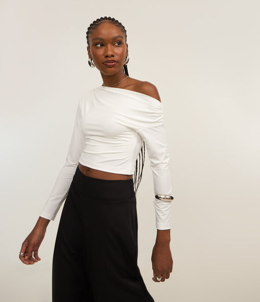 White Long-Sleeve Boat Neck Crop Top