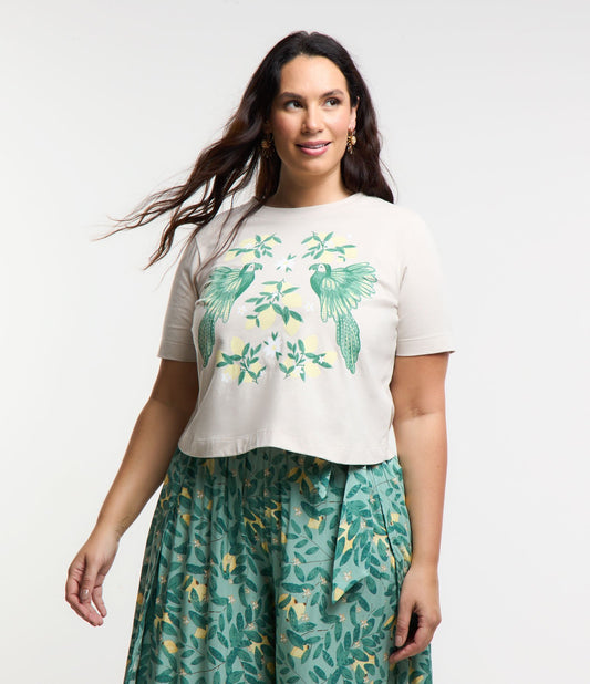 Blusa Boxy de algodão com estampa de papagaio e limão siciliano, Curve & Plus Size, Bege