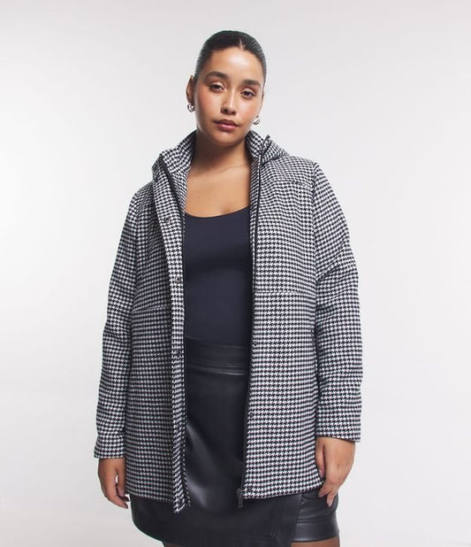 Casaco Longline em Houndstooth Polivelour Preto/Branco Curve & Plus Size