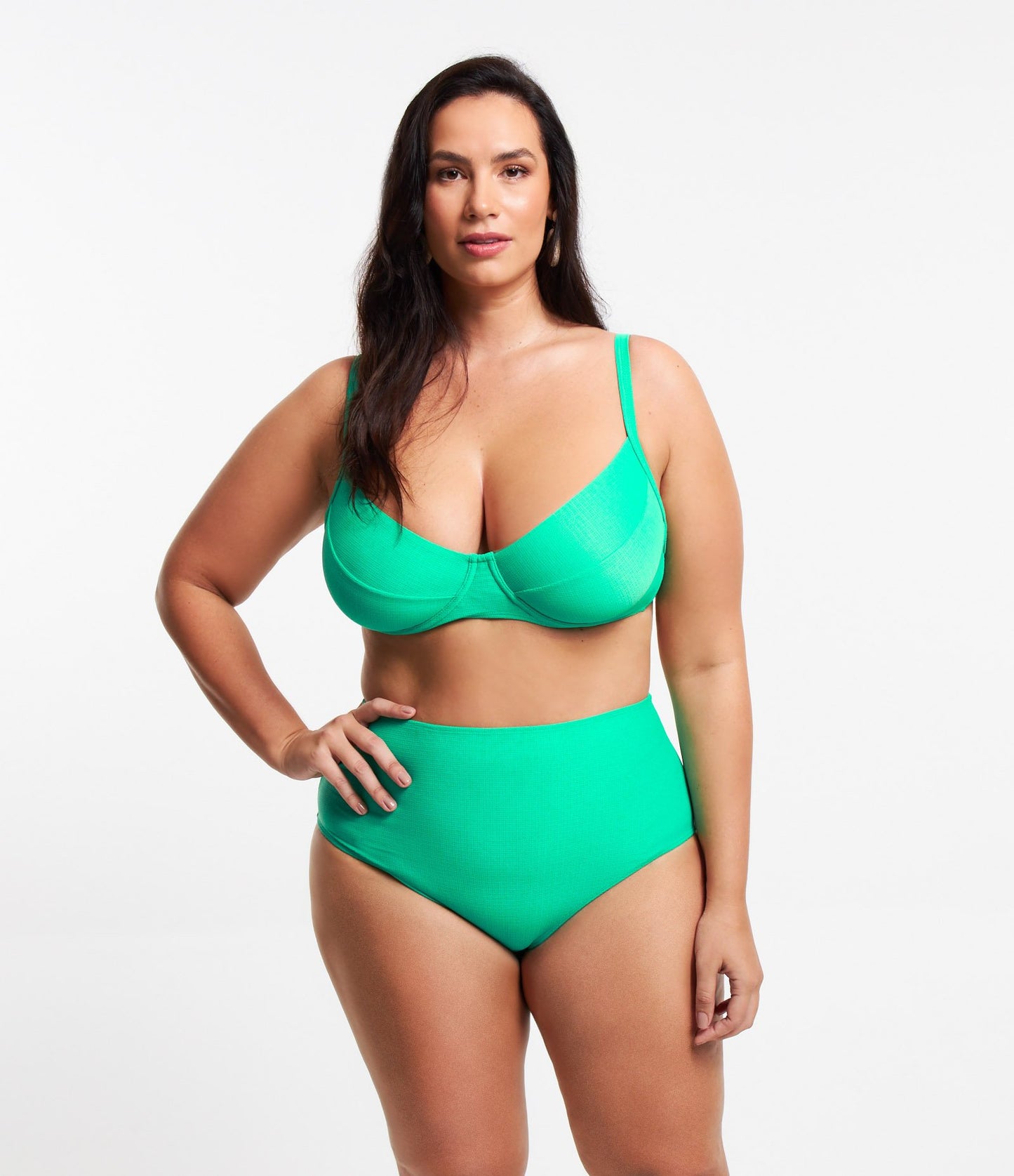 Braguita de bikini de cintura alta de poliamida texturizada en verde - Curvas y tallas grandes