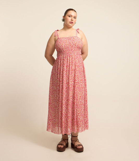 Vestido midi de tule floral com cintura marcada, Curve & Plus Size, rosa
