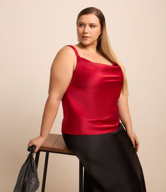 Blusa regata de cetim com decote drapeado, Curve & Plus Size, vermelho