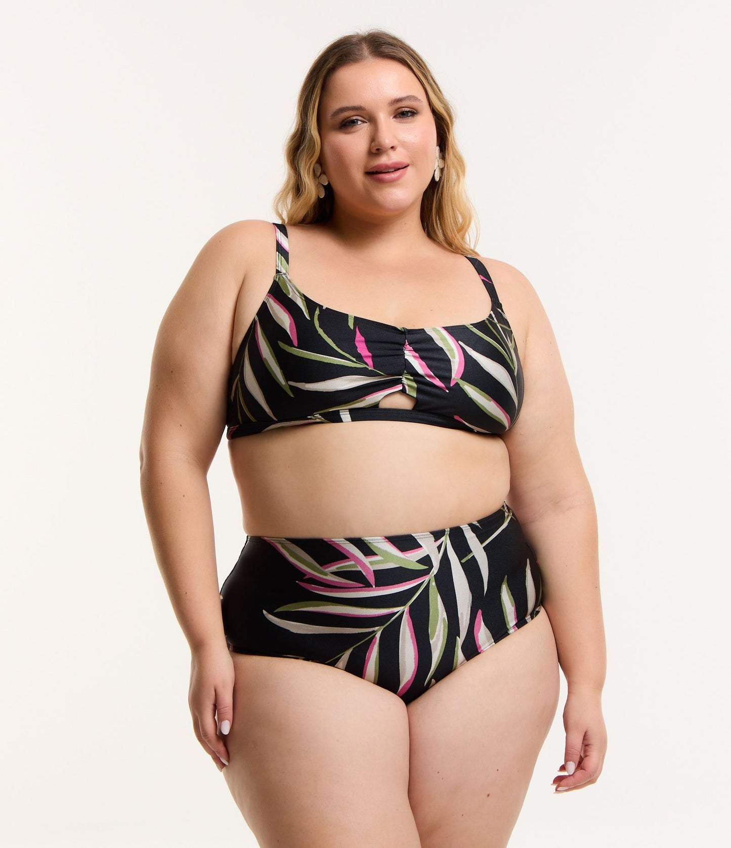 Bikini Bottom a vita alta in microfibra leggera con stampa a foglie Curve & Plus Size Nero