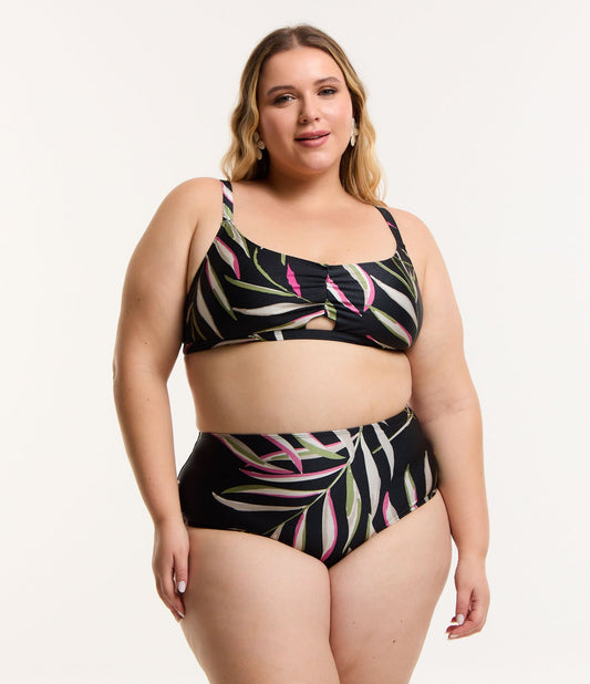 Bikini Bottom a vita alta in microfibra leggera con stampa a foglie Curve & Plus Size Nero