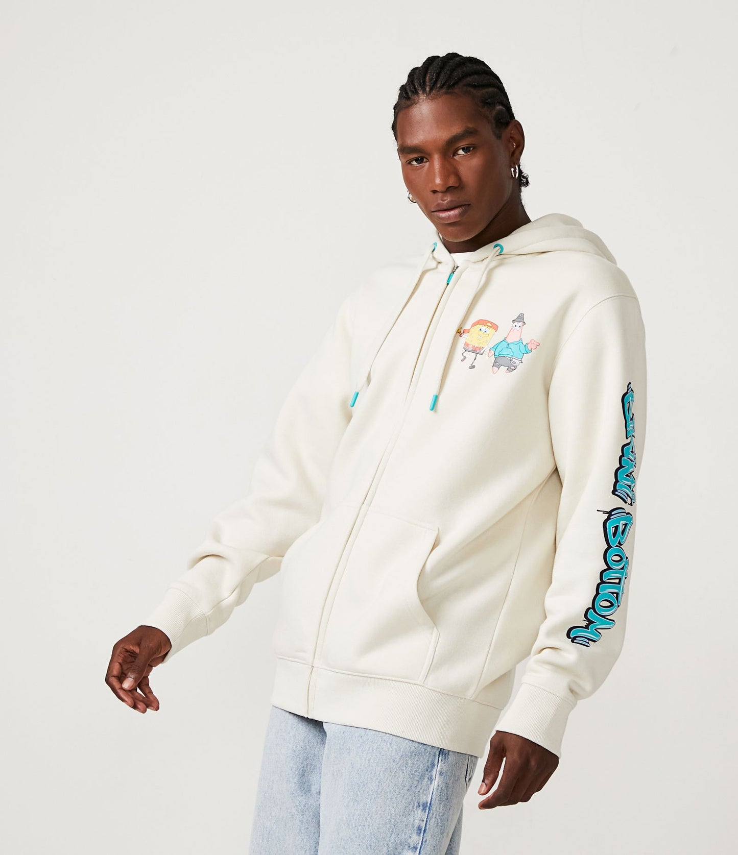 Felpa aperta in pile con stampa SpongeBob e scritte in beige