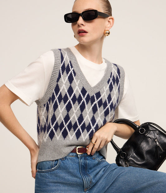 Gilet in maglia con motivo geometrico a rombi in blu/grigio