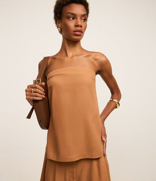 Brown Strapless Viscolinho Blouse with Slit Hem