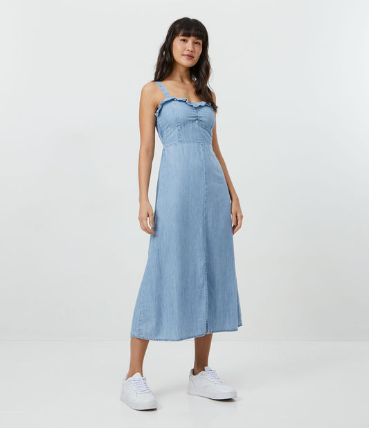 Vestito midi in Lyocell con busto arricciato e spacco frontale in blu