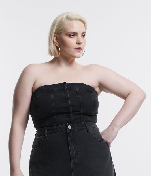 Top in denim off-shoulder con bottoni frontali e schiena a rombo, Curve e taglie forti, nero lavato