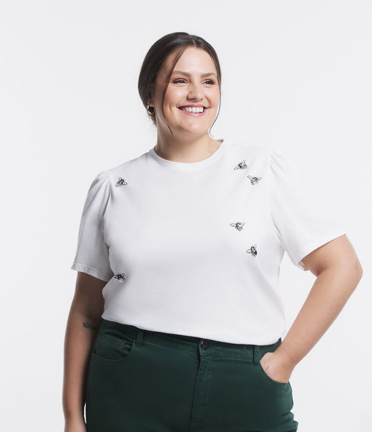 Camiseta branca de manga bufante com estampa de abelha - Curve e Plus Size