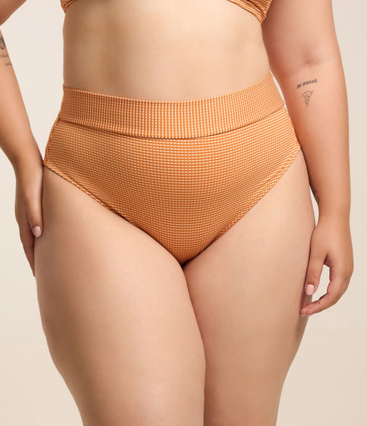 Fondo bikini Vichy a vita alta con doppio laccetto - Curve e taglie forti in caramello