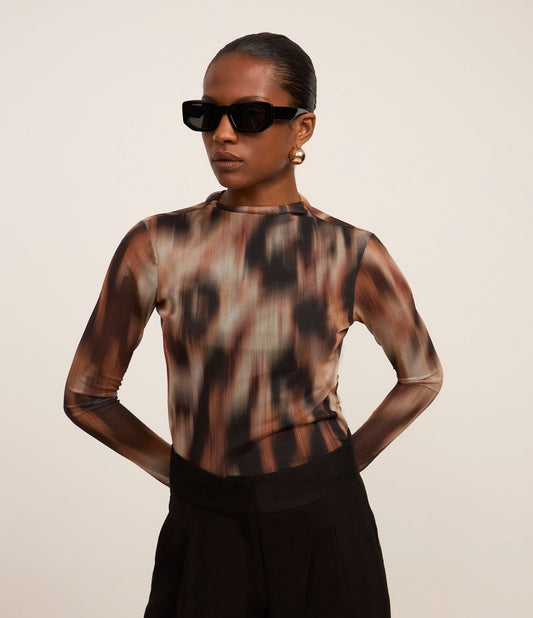 High Neck Tulle Blouse with Multicolored Gradient Stain Print