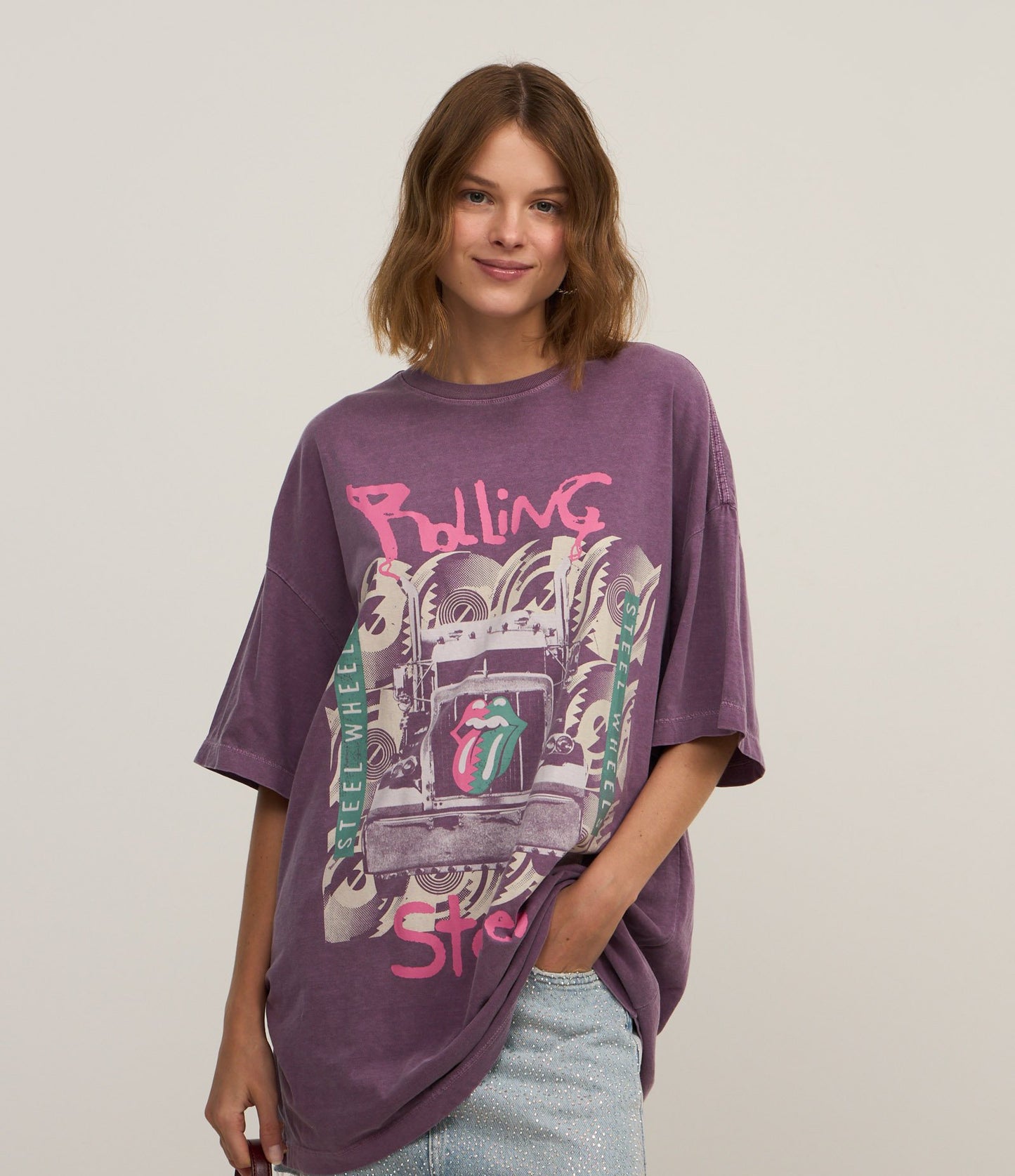 Oversized Purple Cotton T-Shirt with Rolling Stones Print