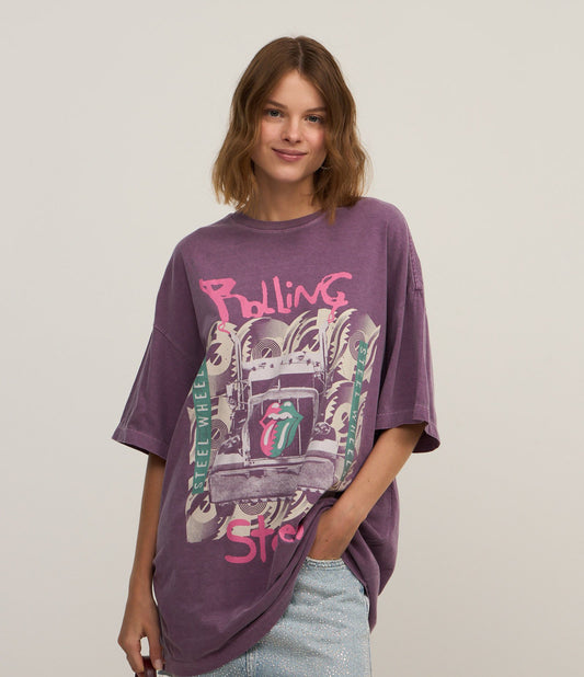Oversized Purple Cotton T-Shirt with Rolling Stones Print
