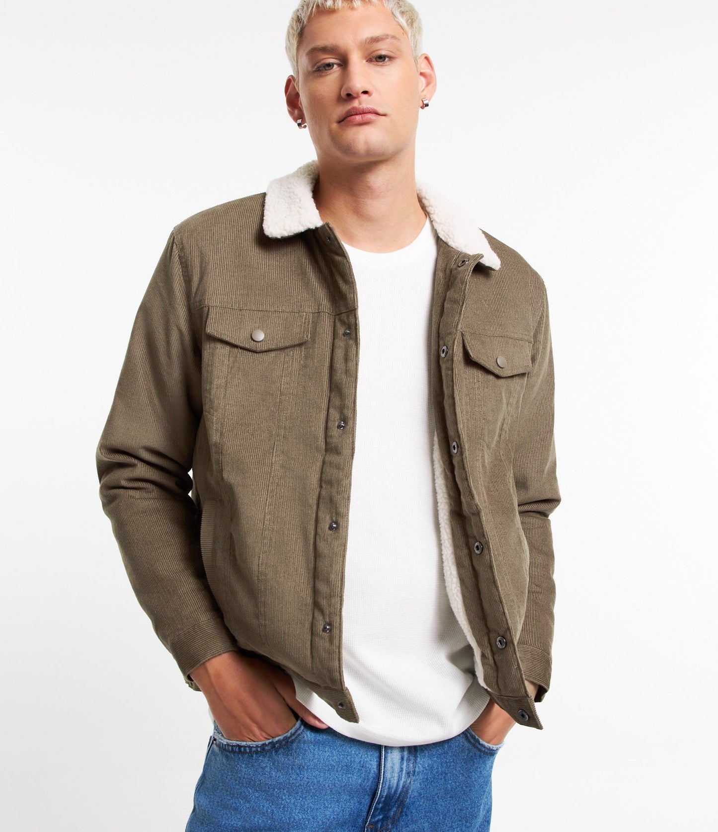 Corduroy Trucker Jacket with Sherpa Collar in Brown