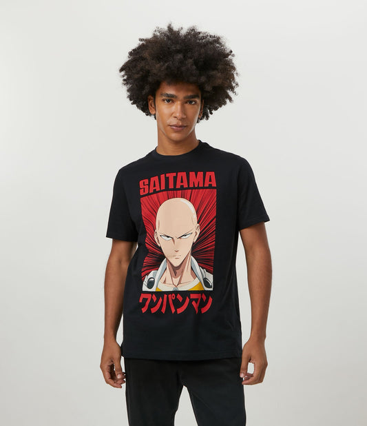 Camiseta de manga curta em meia malha com estampa Saitama preta