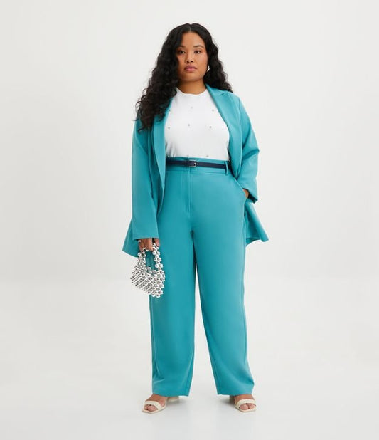 Pantalón sastre de pierna recta con botón cubierto, Curvas y Tallas Grandes, Verde