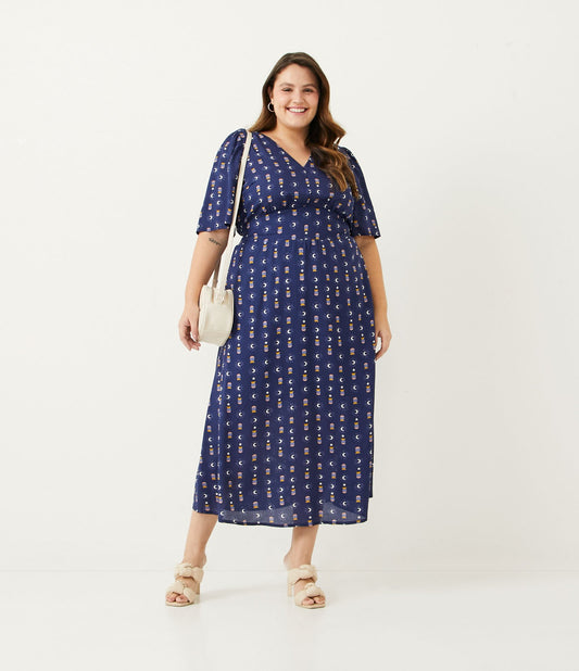 Vestido midi de viscose com estampa de lua, Curve & Plus Size, azul