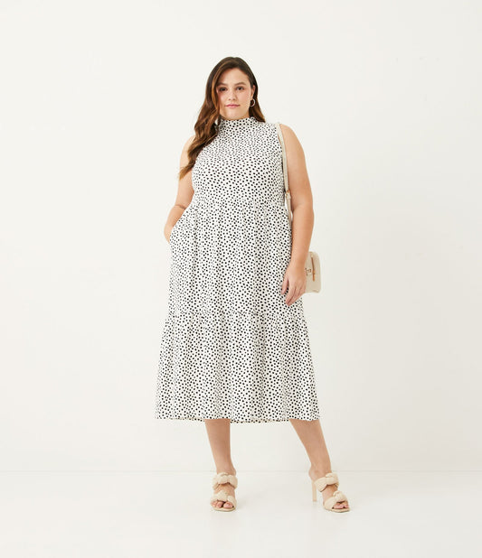 Vestido midi branco de algodão com gola alta - Curve e Plus Size
