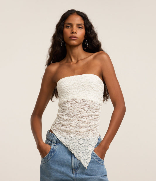 Strapless Lace Blouse with Asymmetric Hem in White