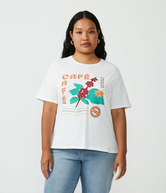 Blusa de manga curta de algodão branco com estampa frontal de café - Curve e Plus Size