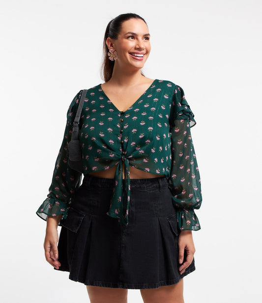 Camicetta in chiffon con volant e stampa floreale, Curve e taglie forti, verde