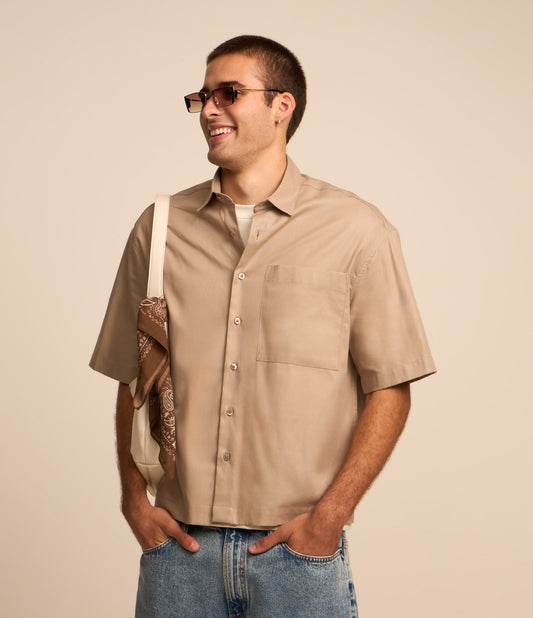 Camicia oversize beige in twill con tasca