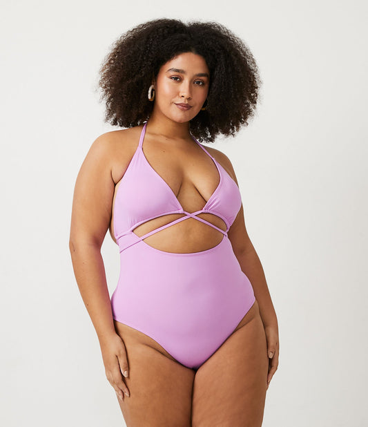 Maiô de poliamida lilás com detalhe de amarração e recorte - Curve e Plus Size