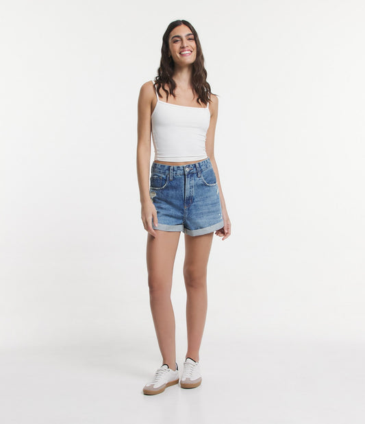 Short Boyfriend Jeans com lavagem Marble Distressed em azul