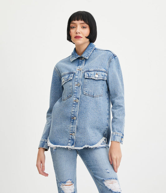 Blue Denim Overshirt with Pockets and Shiny Accents